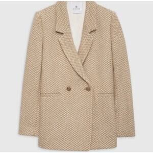 Anine Bing Fishbone Blazer Herringbone Size Medium Tan Cream Career Classic Wool